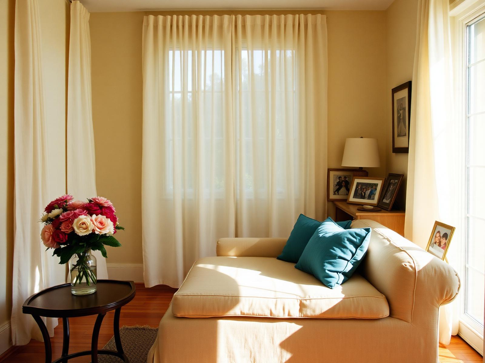 A sunlit Florida living room with linen curtains and family photographs