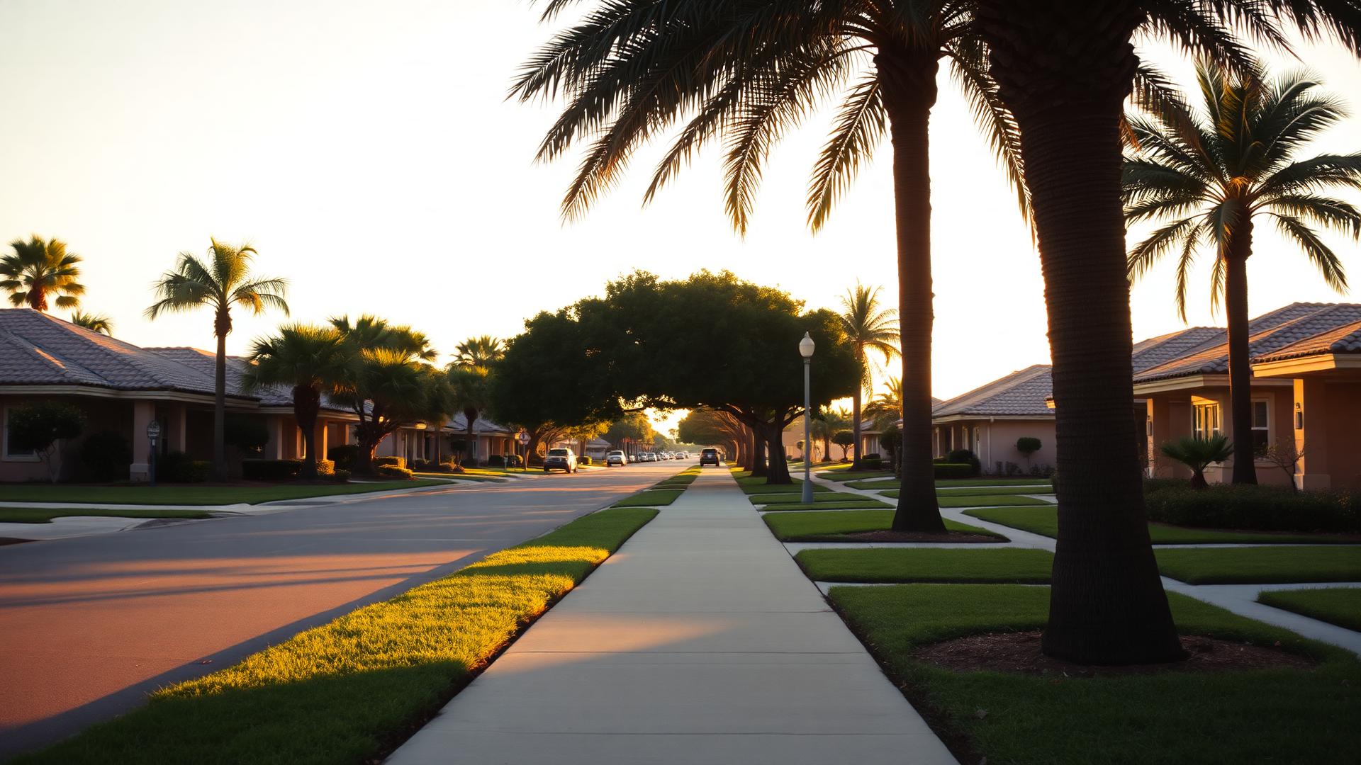 A quiet tree-lined street in a Palm Beach County community at sunset